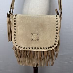 STS Ranchwear Crossbody Fringe Leather Saddlebag Flap Purse Bag Tan Tassel Studs
